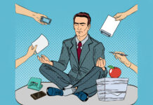Individual Workplace Well-Being Initiatives Are No Help Pop Art Businessman Meditating on the Office Table at Multi Tasking Work. Vector illustration