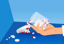 So-Called Suicide Experts Recommend Antidepressants, Which Increase Suicides Vector illustration of an open pill bottle spilling red and white pills onto a blue floor from an outstretched pale hand.