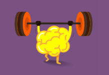 ADHD and âWeak Muscle Disorderâ Cartoon illustration of a yellow brain lifting weights on a purple background