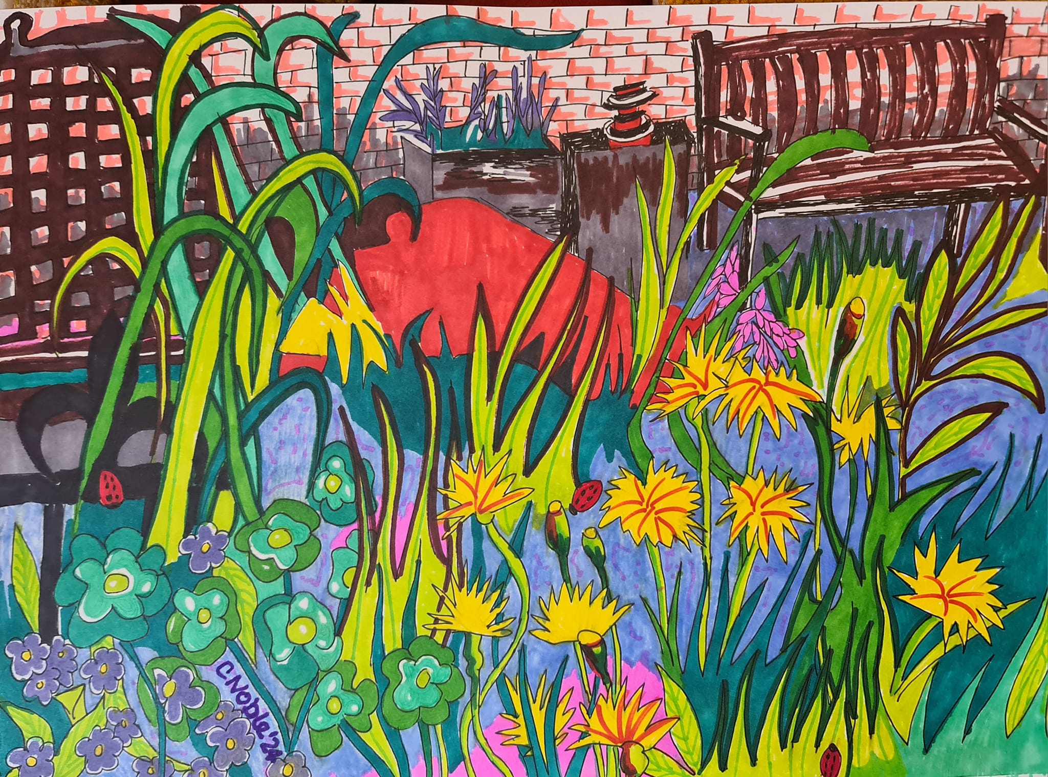 Flowers in a garden, drawn with Sharpie markers in vibrant colors