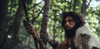 Beyond the Chemical Imbalance: Looking to the Past to Understand the Mental Health Crisis Portrait of Primeval Caveman Wearing Animal Skin and Fur Hunting with a Stone Tipped Spear in the Prehistoric Forest. Prehistoric Neanderthal Hunter Ready to Throw Spear in the Jungle