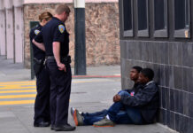 Racial Bias, Lack of Clinical Workup, Missing Data: Latest Involuntary Hospitalization Trends in Boston SAN FRANCISCO - MAY 15 2015:SFPD officers interrogating black american men in San Francisco. Overall, Black Americans are arrested at 2.6 times the per-capita rate of all other Americans.