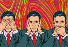 Set, Setting, Forgetting: Silence on Abuse in Psychedelic Therapy Histories comic book style see, hear, speak no evil, psychedelic background