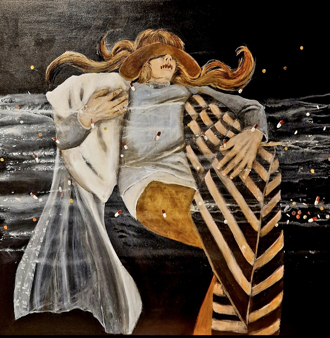 A woman in bed clutching crumpled blankets, with her mouth sewn shut, as pills rain down from above.