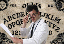 The Ouija Board and the Skeptic A white-coated white male with glasses looks skeptical; an ouija board is the background