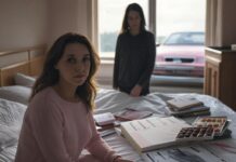 I Am Looking for People I Miss Two women, one looking sadly at the viewer and the other standing out of focus in the background. Magazines and chocolates on the bed. A pink convertible out of focus through the window in the background.