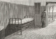 From Auctions to Moral Treatment Engraving-style art of a person looking out the door of an asylum room