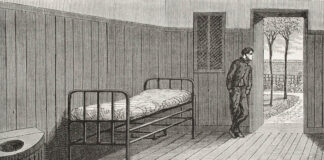 From Auctions to Moral Treatment Engraving-style art of a person looking out the door of an asylum room