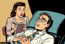 Default Depression—How We Now Interpret Distress as Mental Illness Pop art retro style. A female therapist leans over a male client reclining in a suit.