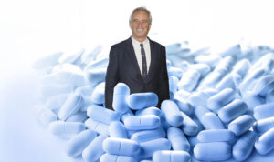 A photo of RFK Jr. emerges from a pile of blue pills