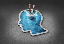 Symptoms and Surface Psychology Illustration of a diver disappearing into a human head full of water