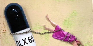 Akathisia After a Five-Year Taper: Chained to an Antidepressant Forever Collage. A woman chained to a giant pill