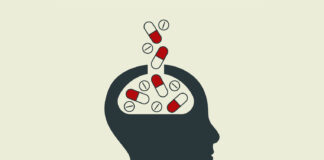 America’s Unhealthy Relationship with Antidepressants Vector illustration; profile of person with capsules falling into their head