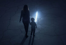 A woman and her child holding hands, walking in the dark toward a bright crack in the ground