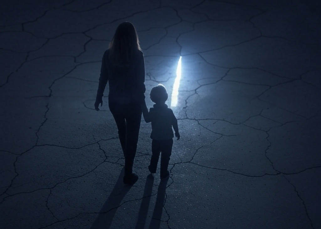 A woman and her child holding hands, walking in the dark toward a bright crack in the ground