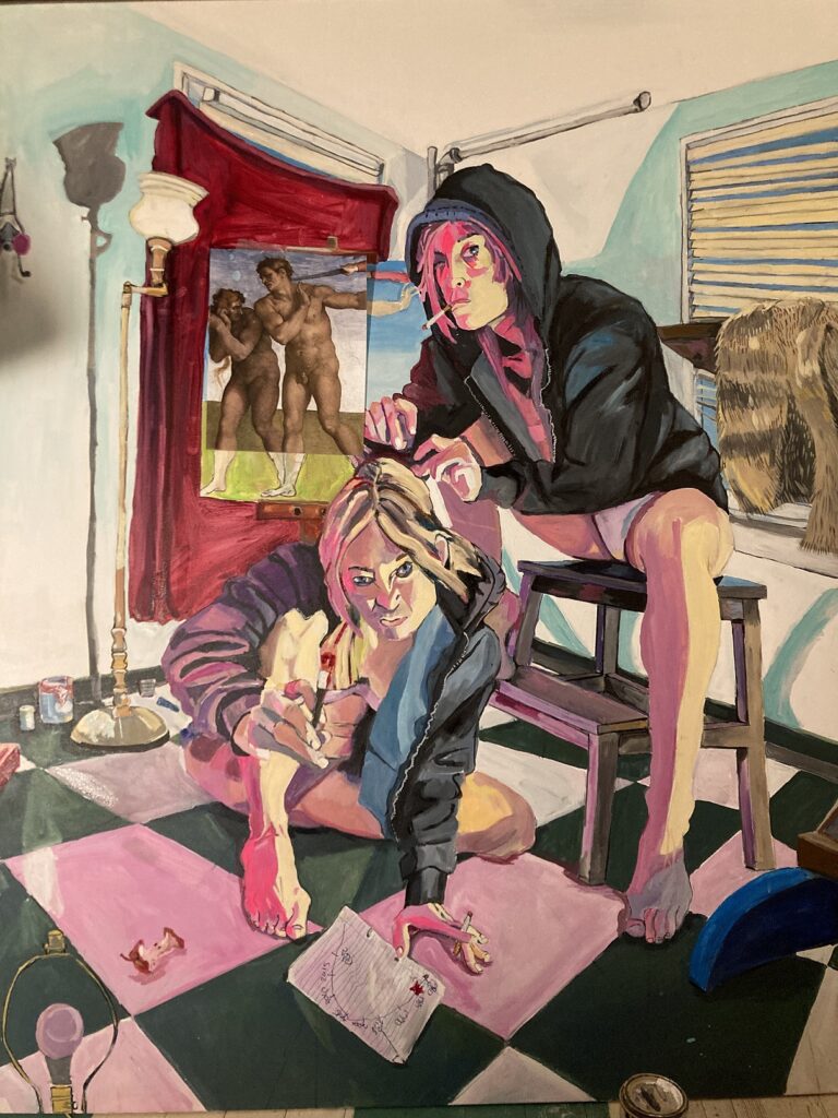 A colorful painting of two women, one wearing a hooded jacket and seated on a stool, picking at the hair of one sitting on the floor.