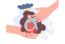 Empathy concept with nurturing hands reaching down to sustain a sad young woman in deep depression sitting under a thunder cloud with crying emoticons, vector illustration