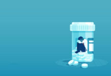 Vector of a sick sad patient man in depression drowning in medications sitting inside a bottle.