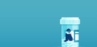 Antidepressant Withdrawal Is Common and Debilitating Vector of a sick sad patient man in depression drowning in medications sitting inside a bottle.