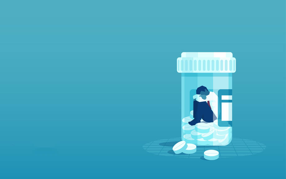 Vector of a sick sad patient man in depression drowning in medications sitting inside a bottle. 