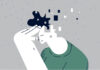 Illustration of person with hand to their head, which is dissolving into squares