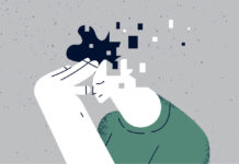 Illustration of person with hand to their head, which is dissolving into squares