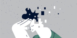 Post-Acute Withdrawal Syndrome (PAWS): Why Don’t We Know More About It? Illustration of person with hand to their head, which is dissolving into squares