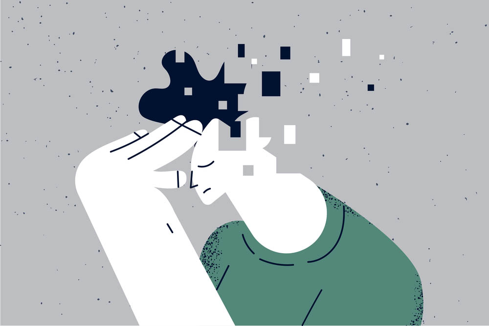 Illustration of person with hand to their head, which is dissolving into squares