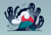 Illustration of a person cringing while surrounded by ghostly figures