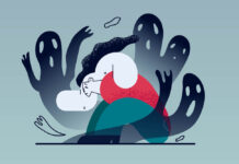 Illustration of a person cringing while surrounded by ghostly figures