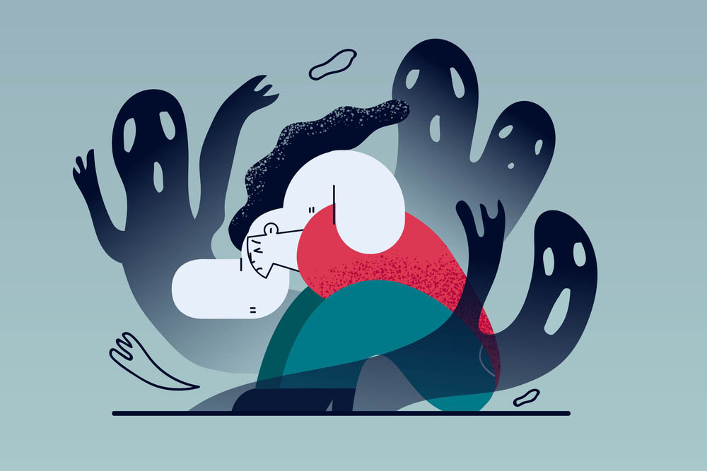 Illustration of a person cringing while surrounded by ghostly figures