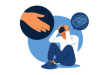 Sad lonely man in depression. Vector illustration. Flat.