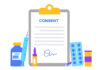Medical informed consent paper document with signature. Agreement with doctor and patient in clinic. Information and purposes of medical scientific research. Treatment in hospital vector illustration.