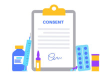 Medical informed consent paper document with signature. Agreement with doctor and patient in clinic. Information and purposes of medical scientific research. Treatment in hospital vector illustration.