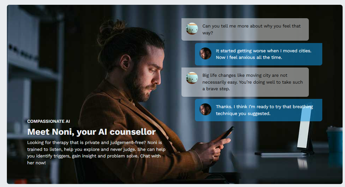 Screenshot of 7 Cups' ad for Noni, depicting someone chatting with their "AI counsellor"