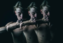 Triple exposure of young man holding hand over mouth