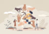 Teamwork hands as work collaboration and partnership tiny person concept. Team work together with many partners for effective performance vector illustration. Project with job management and leading.