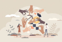 Teamwork hands as work collaboration and partnership tiny person concept. Team work together with many partners for effective performance vector illustration. Project with job management and leading.