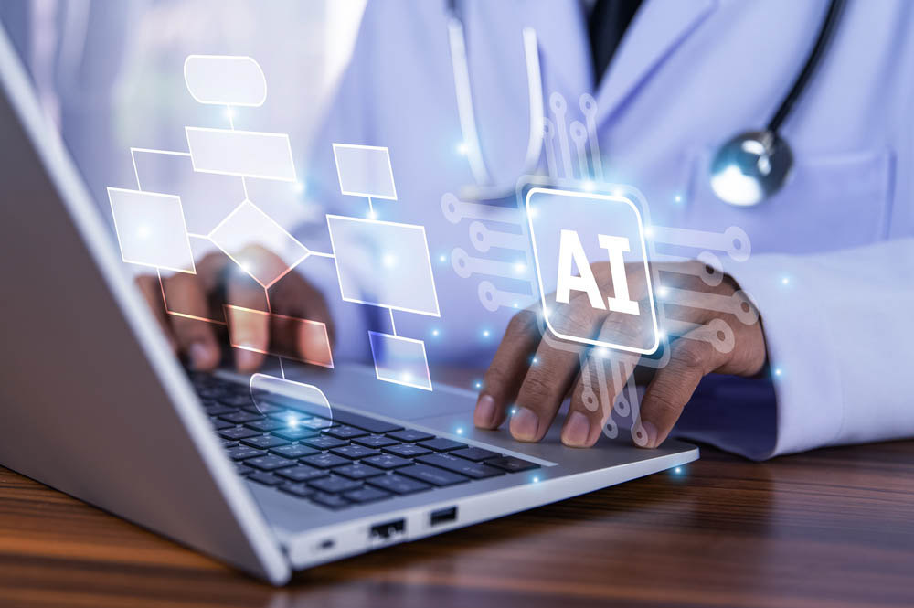 Doctor using AI Artificial intelligent management in flow chart for planning treatment patient.