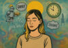 Illustration of a woman with eyes closed. Behind her float images like a knight, the words "grief" and "shame" and a clock.