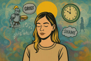 Illustration of a woman with eyes closed. Behind her float images like a knight, the words "grief" and "shame" and a clock.