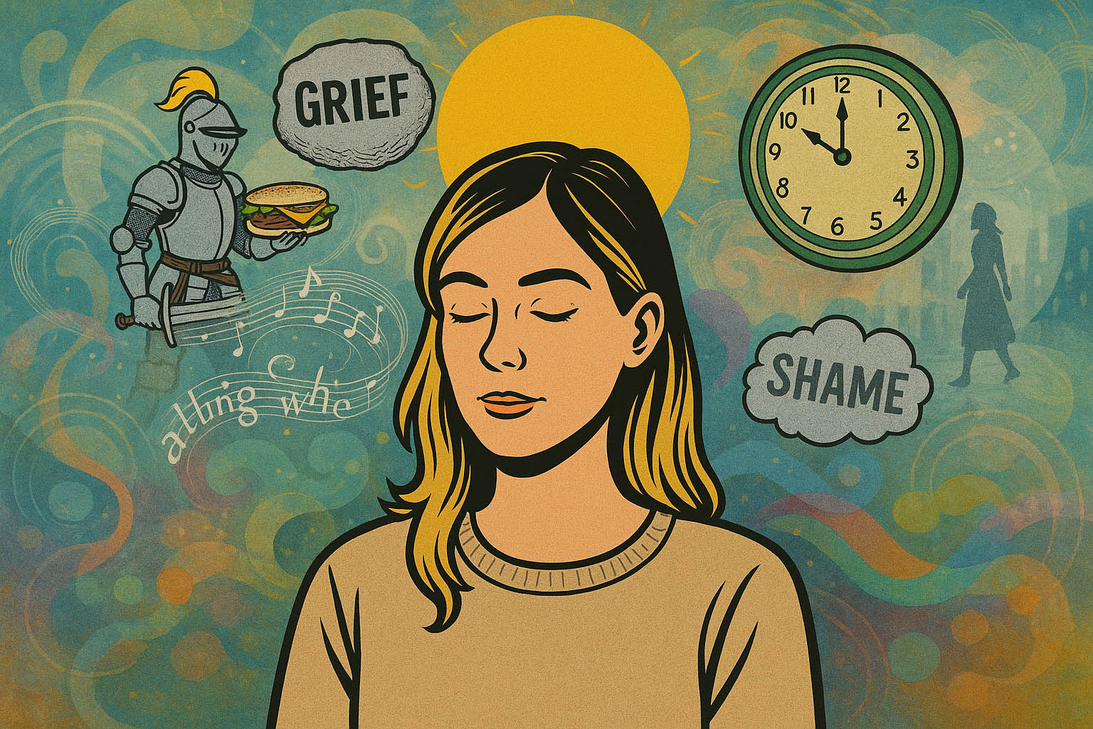 Illustration of a woman with eyes closed. Behind her float images like a knight, the words "grief" and "shame" and a clock.