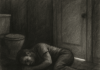 Black and white illustration, charcoal style, a man curled up on the bathroom floor in the dark
