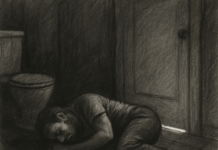 Black and white illustration, charcoal style, a man curled up on the bathroom floor in the dark
