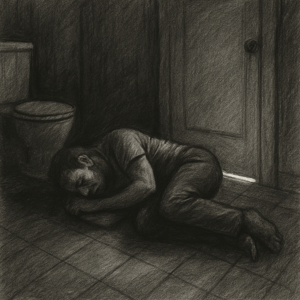 Black and white illustration, charcoal style, a man curled up on the bathroom floor in the dark