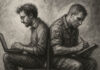 A writer and a military veteran: two versions of the same man sit on a chair