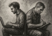 A writer and a military veteran: two versions of the same man sit on a chair