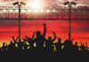 Enraged crowd of people are behind bars. Fence wire mesh barbed wire, vector silhouette. Street camera on the pillar. Sunset background.