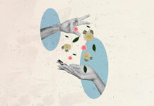 Creative abstract template collage of hands throw flowers aster blooming freak bizarre unusual fantasy billboard.