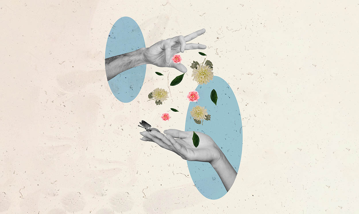 Creative abstract template collage of hands throw flowers aster blooming freak bizarre unusual fantasy billboard.